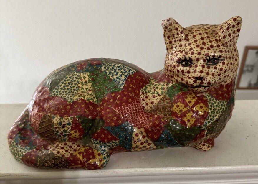 Ceramic 1970s Vintage Cat Statue With Patchwork Quilt Design Rare