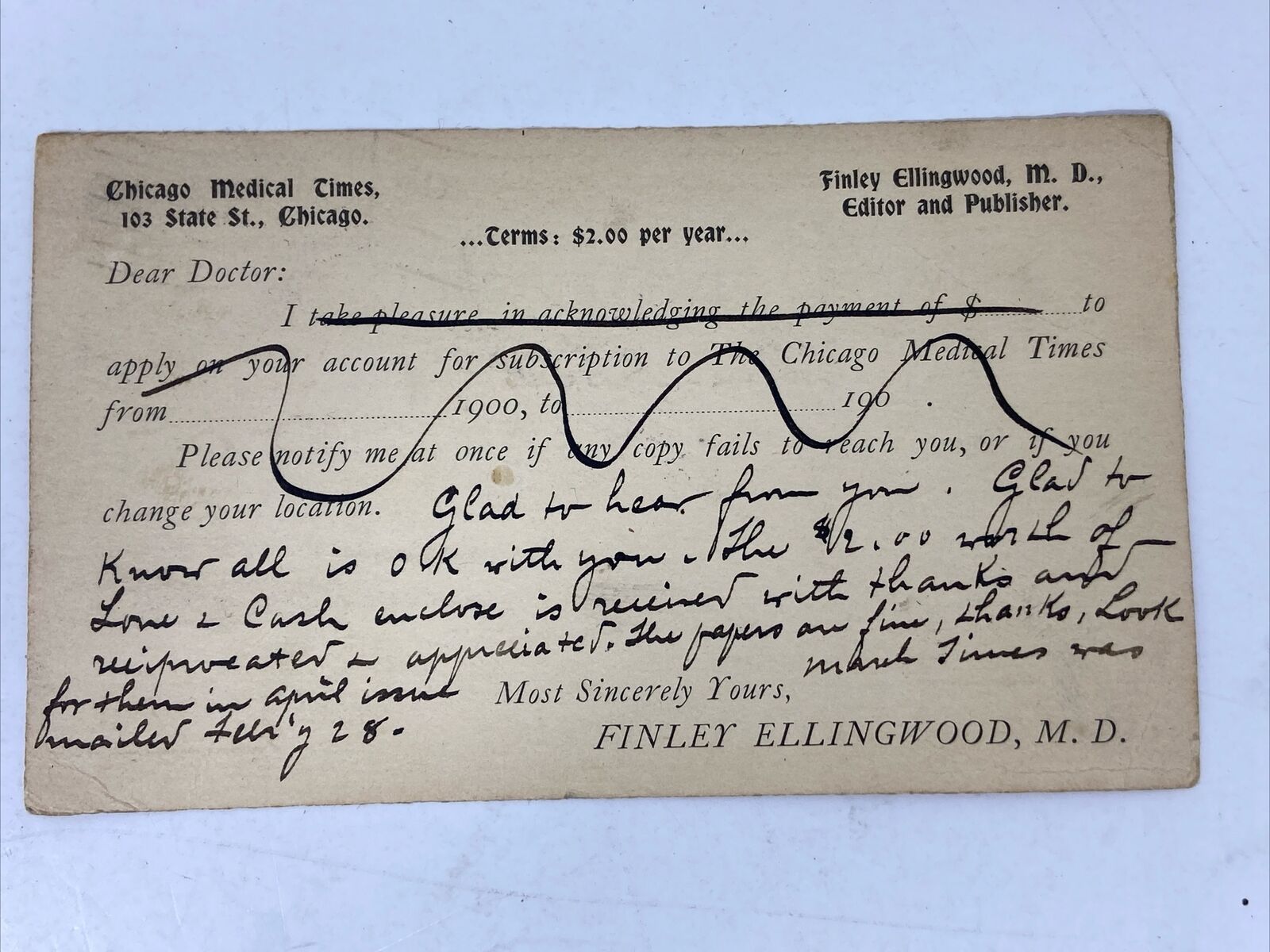 1900 Finley Ellingwood MD Handwritten Postal Card Medical Doctor Chicago