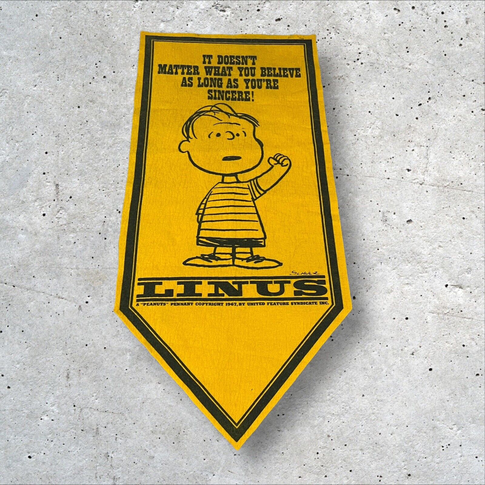Vintage Peanuts Linus Banner Pennant 60s 70s It Doesn’t Matter What You Believe