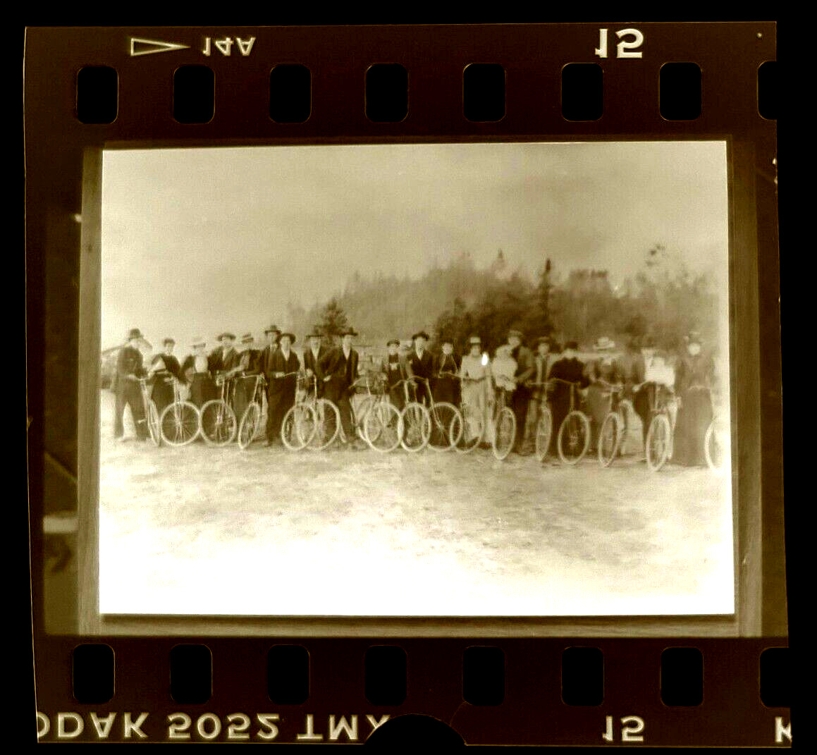 1900s Group Men Women Bicycles Acme Logging Camp Washington negative Film Photo 
