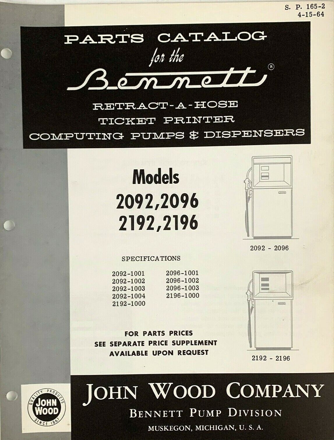 Bennett Model 2092, 2096, 2192 & 2196 Gasoline Pump Dispenser 1964 Parts Catalog