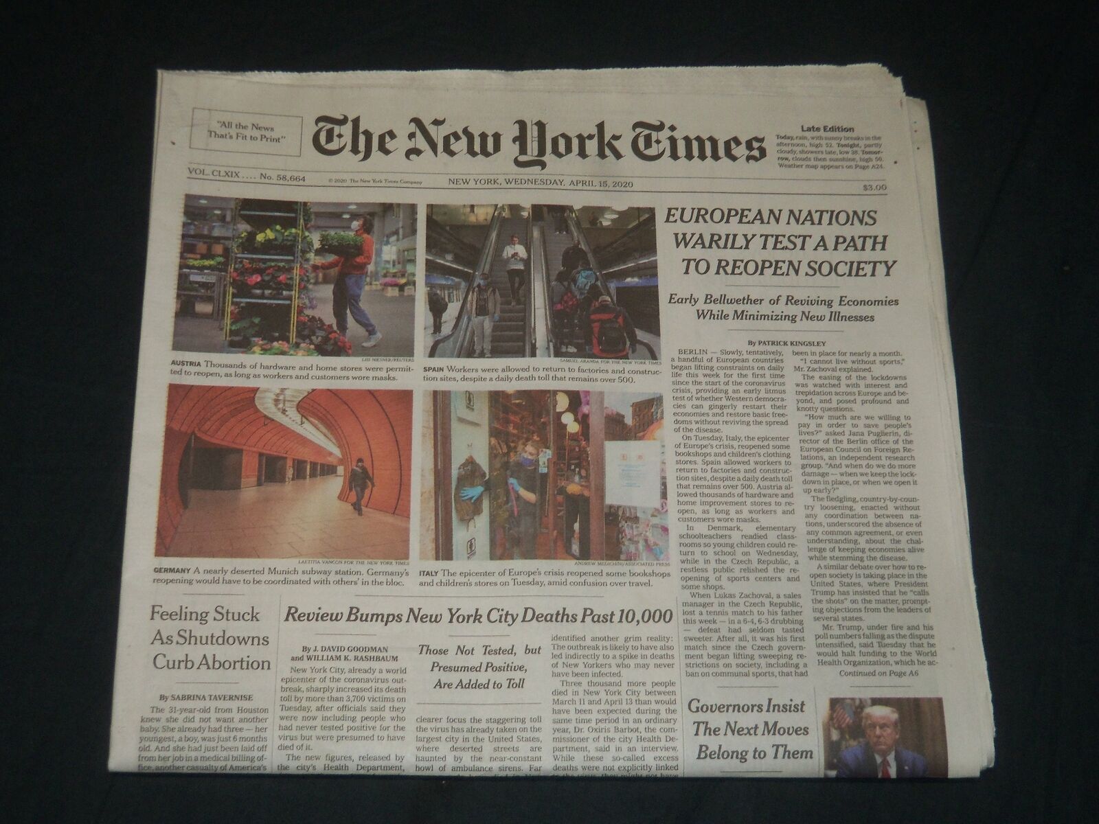 2020 APRIL 15 NEW YORK TIMES - EUROPEAN NATIONS WARILY TEST A PATH TO REOPEN