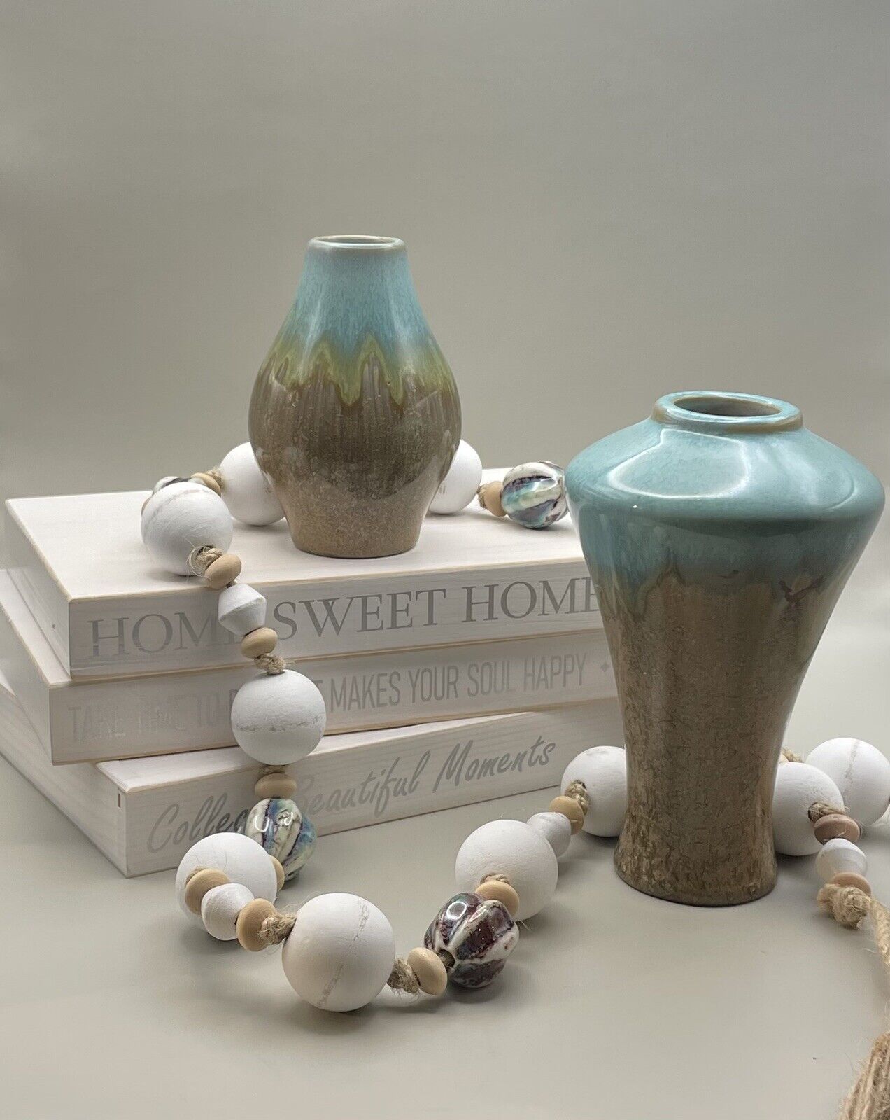2 Mid-Century Modern Sky Blue & Brown / Bronze Drip Glaze Vases