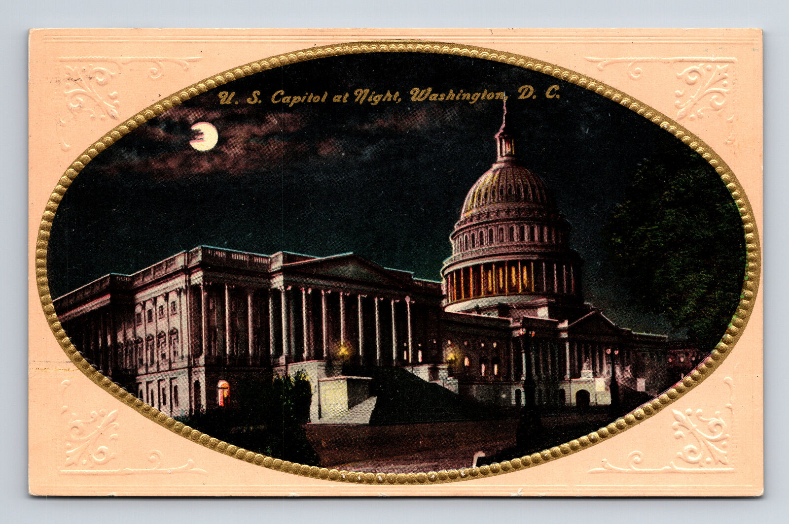 1911 US Capitol at Night Embossed Washington DC to Woodlawn DPO? Postcard