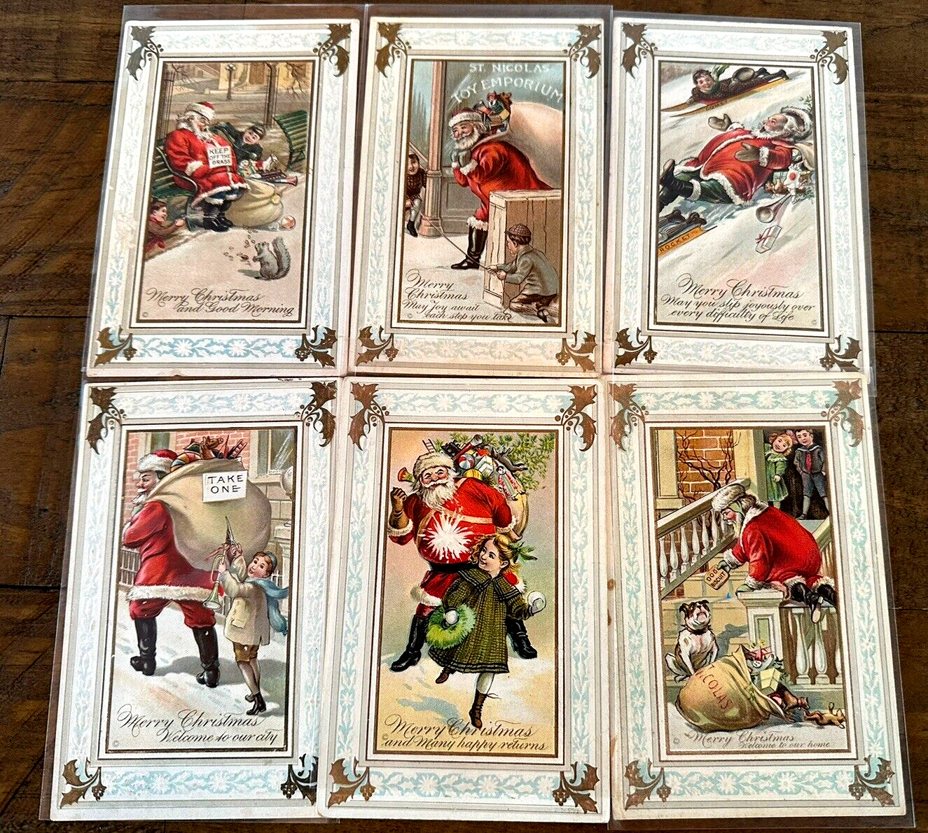 Lot of 6~SANTA CLAUS~with Children~Dog~Snow Antique Christmas Postcards Set~h991