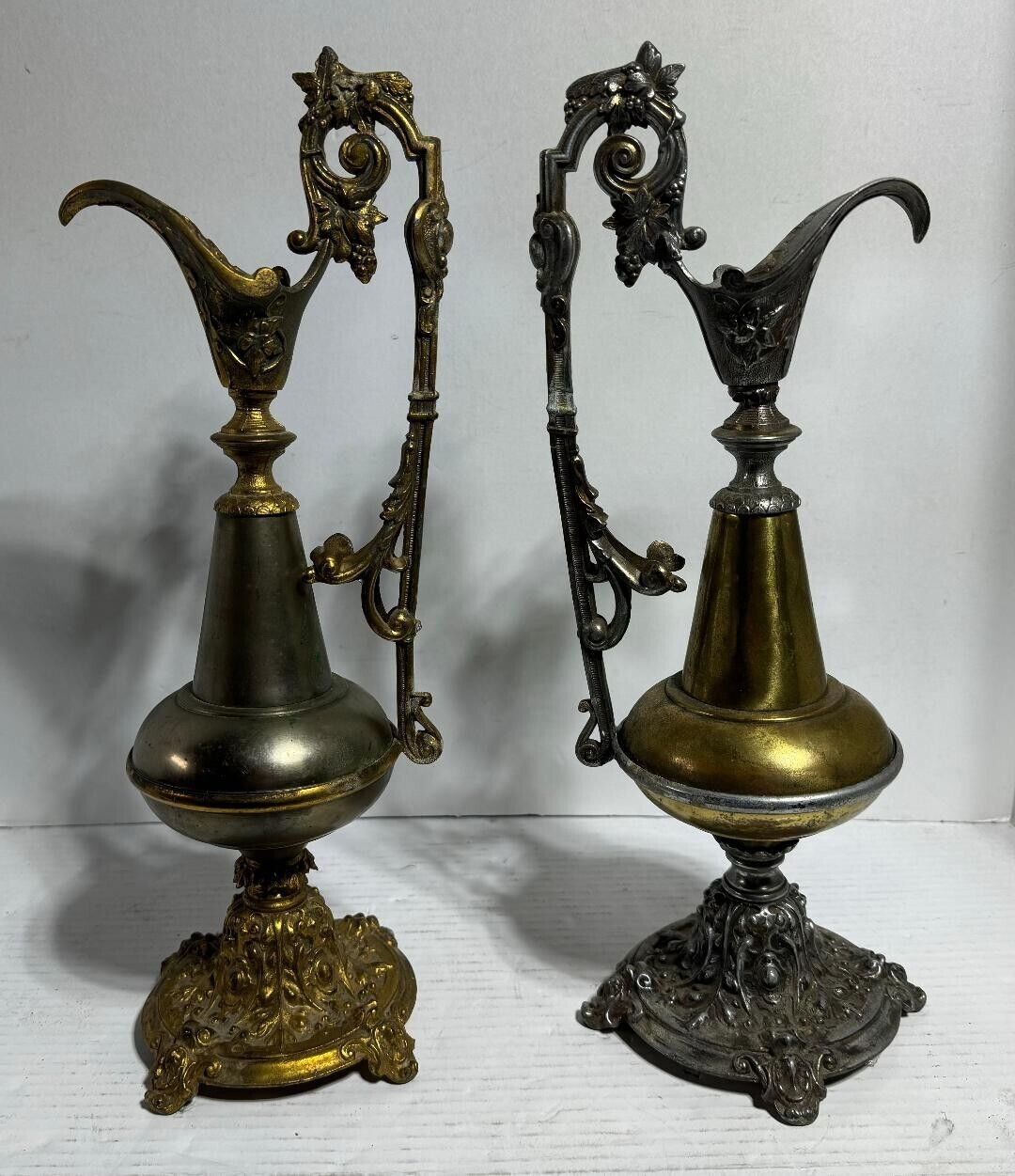 Two Antique BRASS Garniture EWERS Urns Vases Victorian GRAPES Botanicals