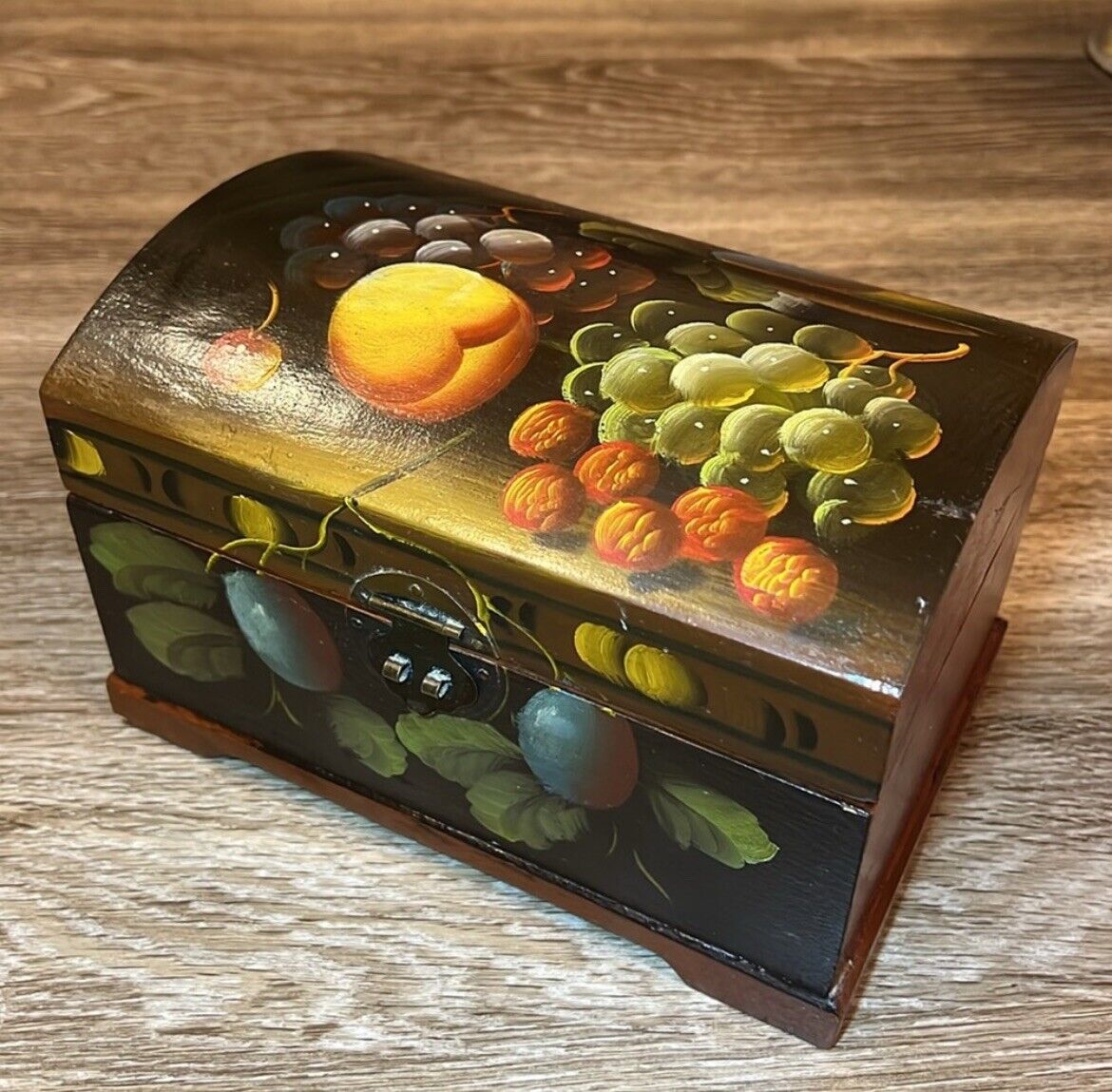 Vintage Hand Painted Tole Ware Footed Wood Chest Hand Painted Fruit Still Life