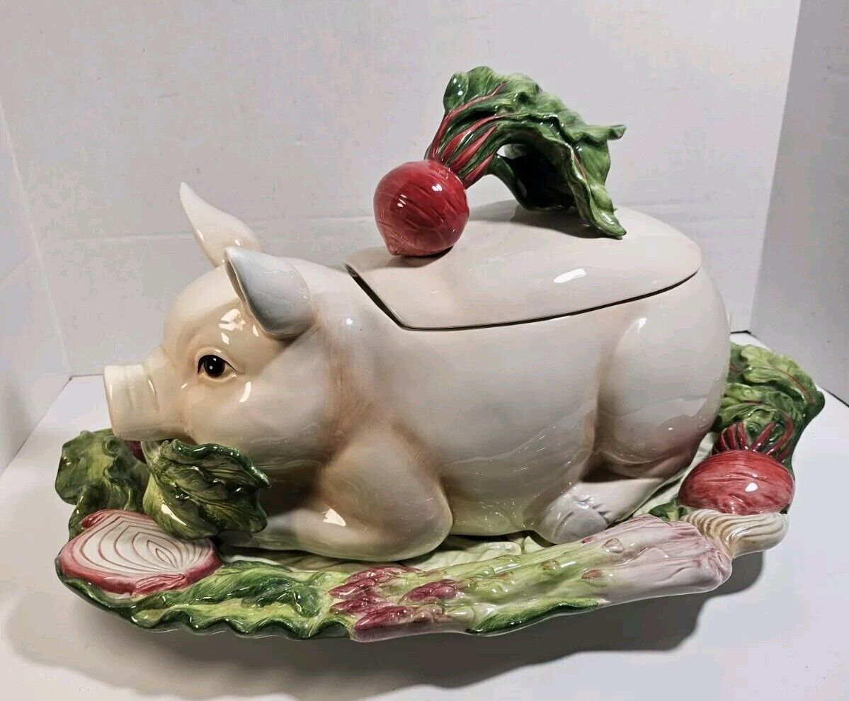 Vintage Fitz and Floyd Classics FRENCH MARKET PIG TUREEN w/ Under-plate w Ladle