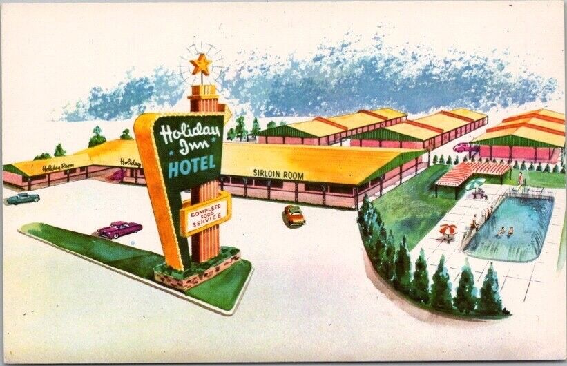 c1960s Oklahoma City Postcard HOLIDAY INN HOTEL Artist\'s View ROUTE 66 Chrome
