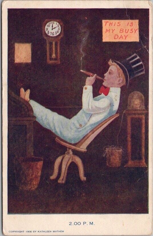 Vintage 1909 Artist-Signed KATHLEEN MATHEW Postcard 2:00 P.M. Boy Smoking Cigar
