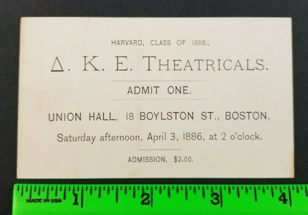 Vintage 1886 Harvard University Theatricals Show Ticket Card