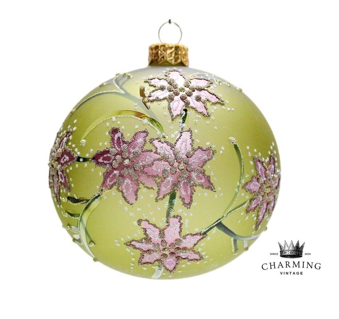 Vtg RARE Hand Decorated Micro Glass Beaded Floral Jumbo Ball Christmas Ornament