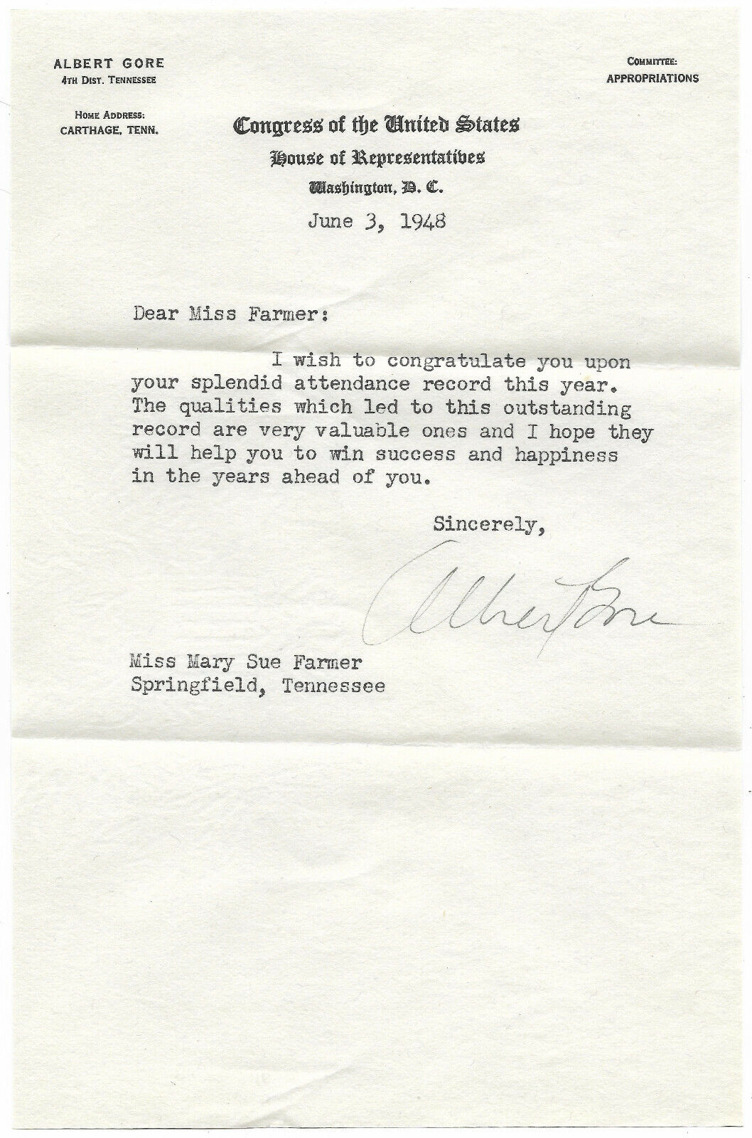 C.1948 Albert Gore Sr. SIGNED Letter & Envelope Congressman M1