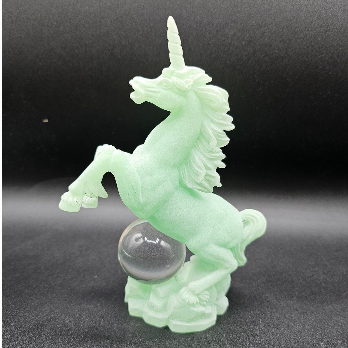 Vintage 1990s Jade Green Glass Unicorn Figurine w/ Glass Crystal Ball Whimsical