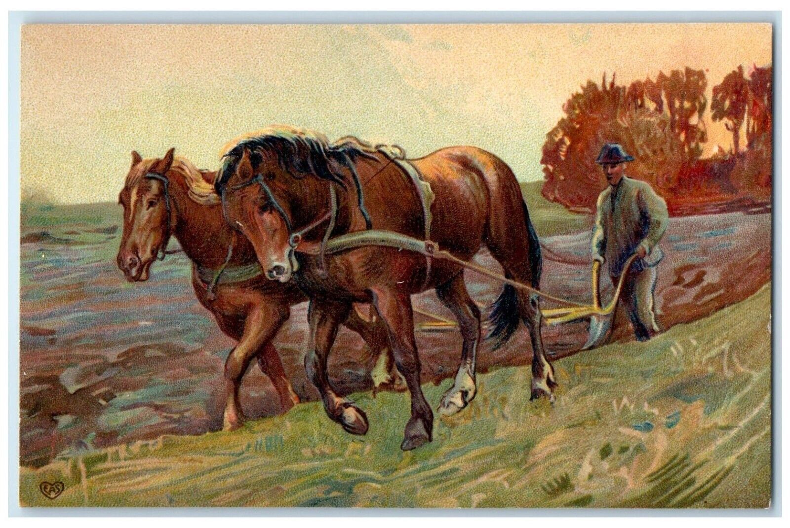 c1910's Horses Farmer Farming Field Embossed Unposted Antique Postcard