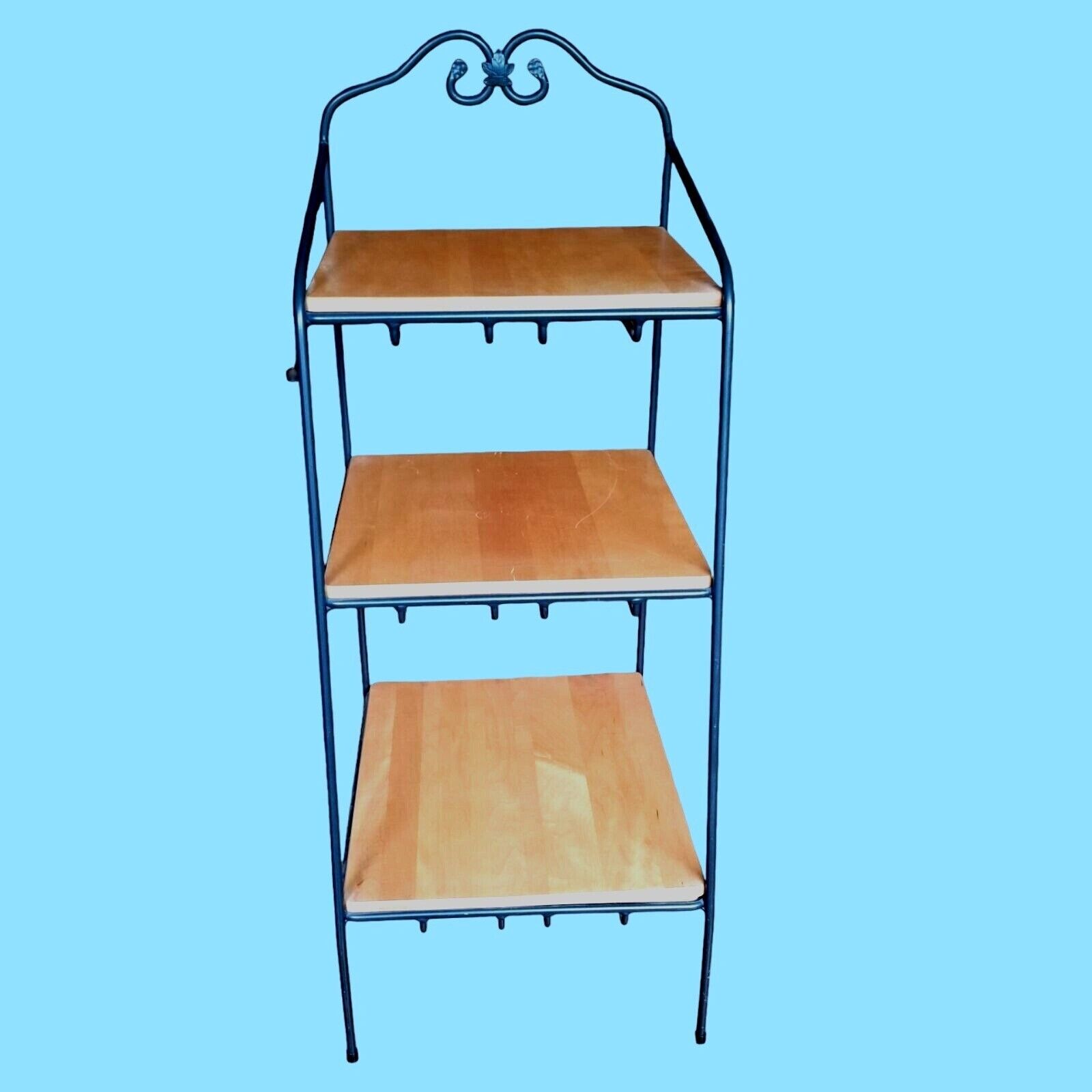 Tall Longaberger Wrought Iron 3-Tier Bin Basket Stand Wooden Staggered Shelves