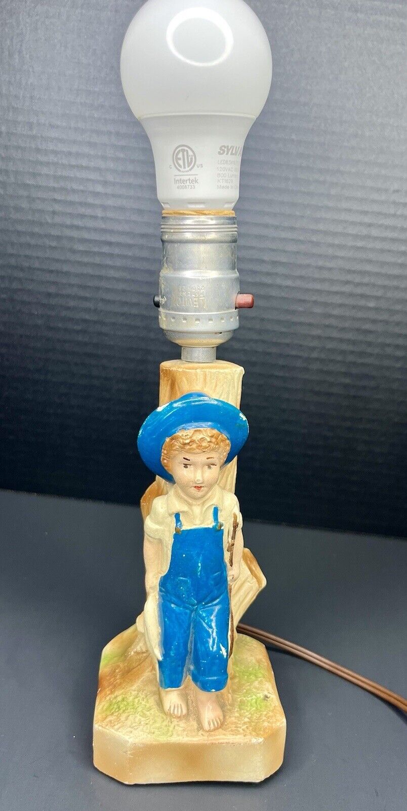 Vintage 1950’s Chalkware Antique Lamp Boy Fishing 9” Tall TESTED WORKS No Shade
