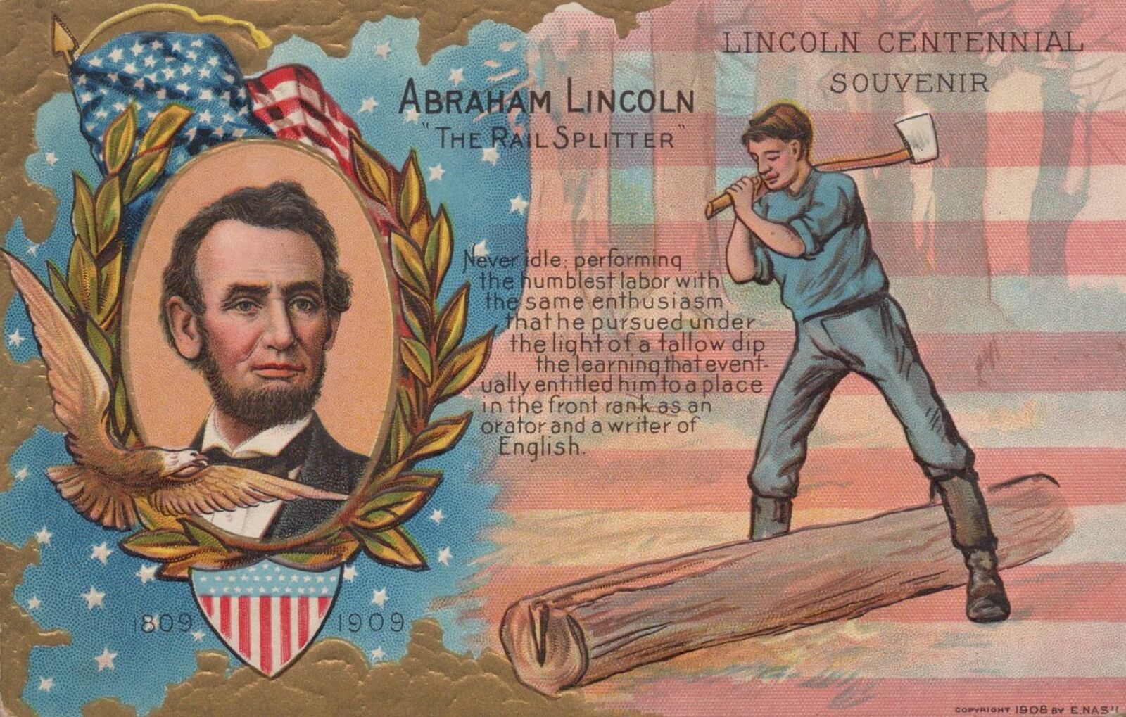 Patriotic Postcard Abraham Lincoln The Railsplitter 1809-1909 Centennial
