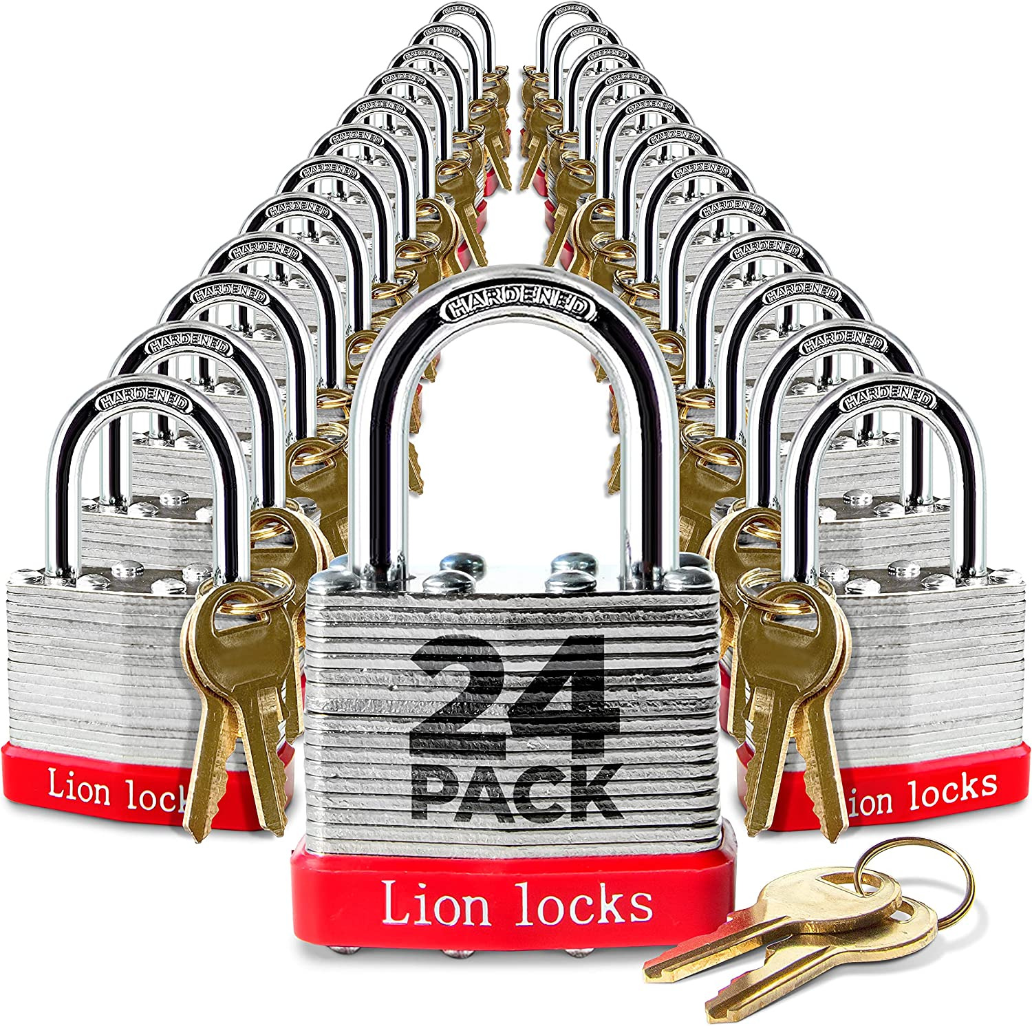 24 Keyed-Alike Padlocks W/ 1.25” Shackle, 48 Keys, Hardened Steel Case, Brass...