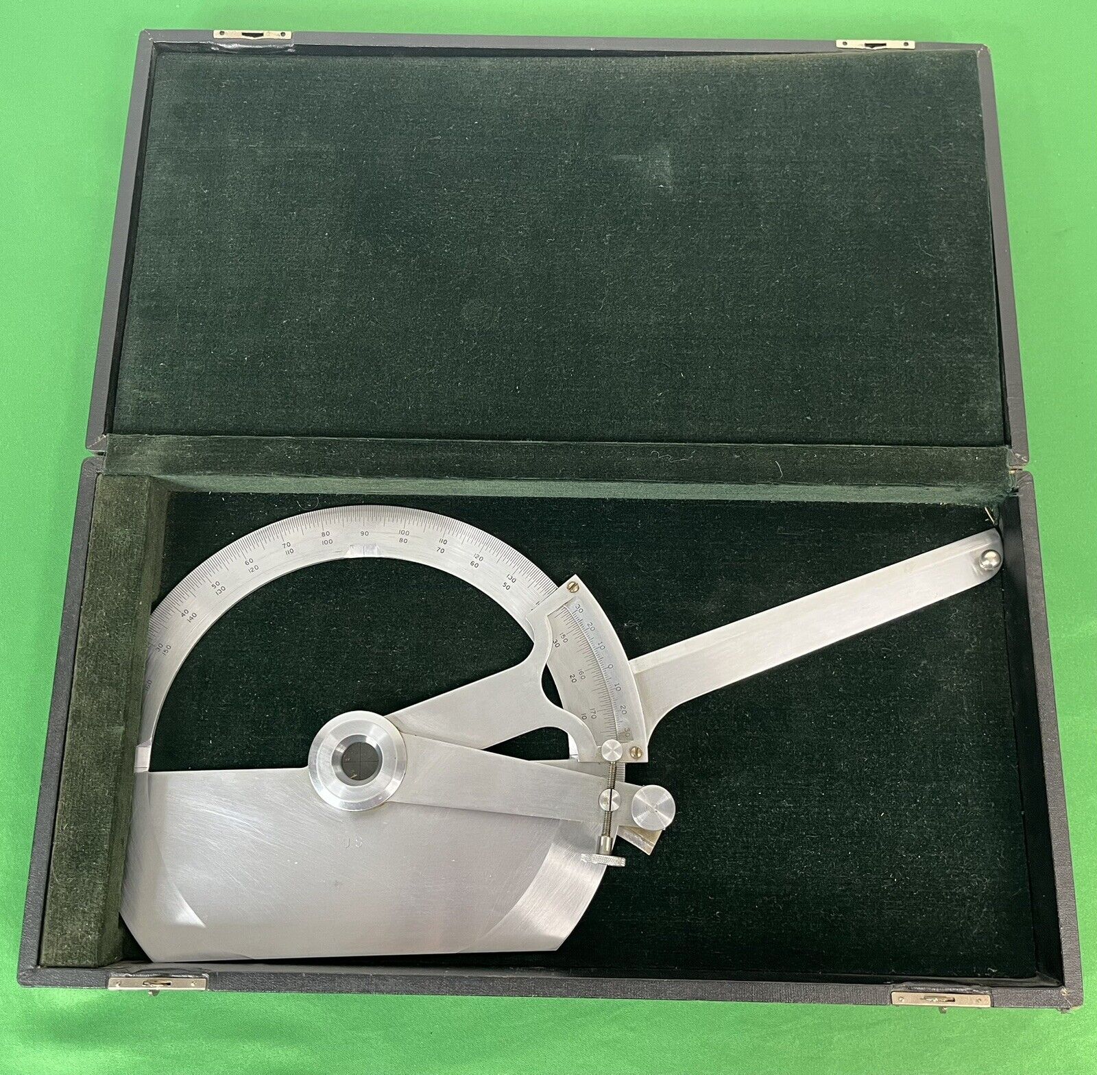 Vtg Nickel Silver? US 8” Semi-Circular Protractor w Arm Drafting Tool, Case