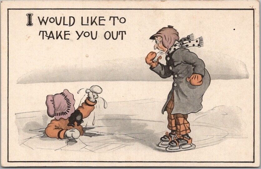 1910s ICE SKATING Comic Greetings Postcard \