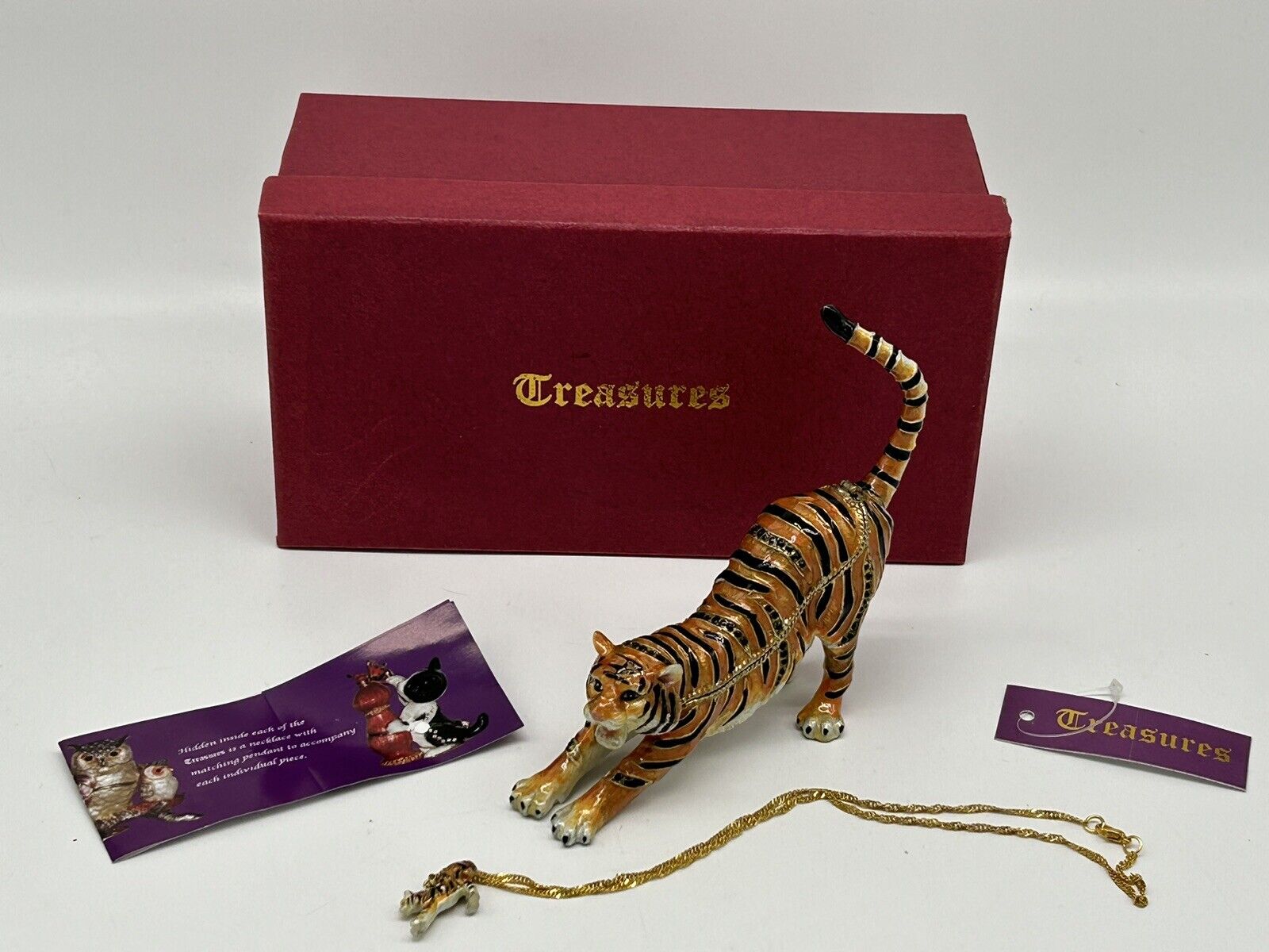 Vintage Bridgton Enameled Tiger Trinket Box & Tiger Necklace w/ Box