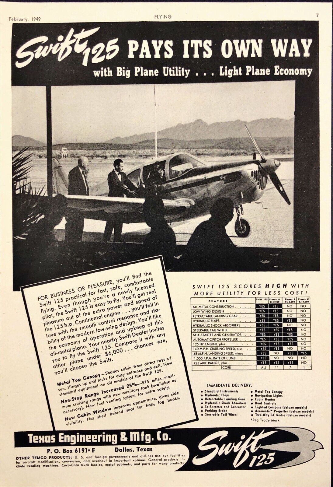 1949 Texas Engineering & Mfg Swift 125 Utility Plane Dallas Tx Print Ad