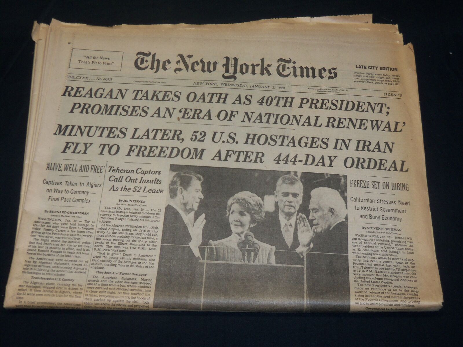 1981 JANUARY 21 NEW YORK TIMES - REAGAN TAKES OATH AS PRESIDENT - NP 4908