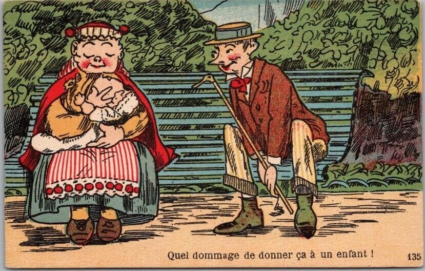 c1910s FRENCH Breast Feeding Comic Postcard What a Shame to Give This to a Child
