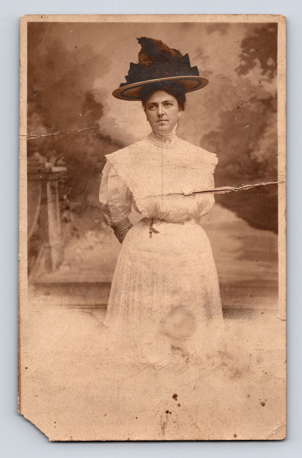 RPPC Studio Portrait of Woman White Dress Hat Ditrich Atlantic City NJ Postcard
