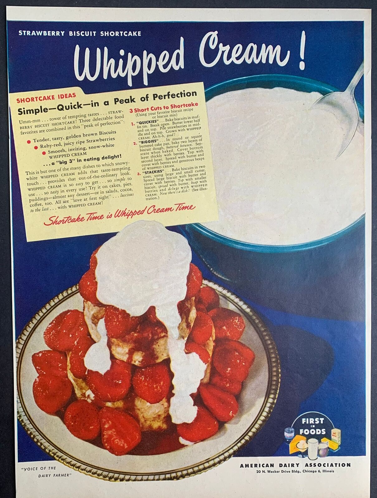 Vintage 1949 American Dairy Association Whipped Cream Print Ad