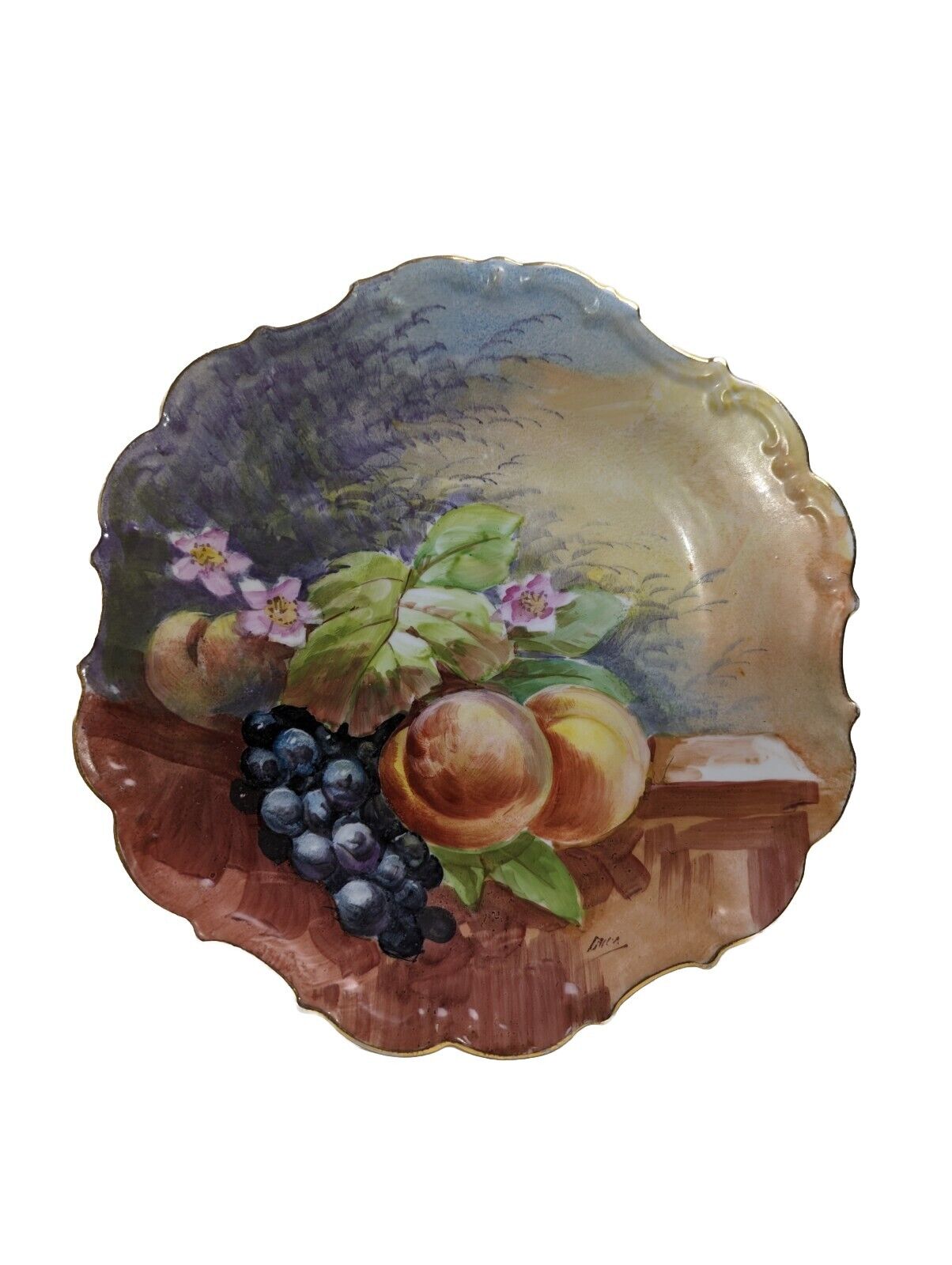 Vintage Limoges France Hand Painted Plate Signed Fruit Peaches Grapes