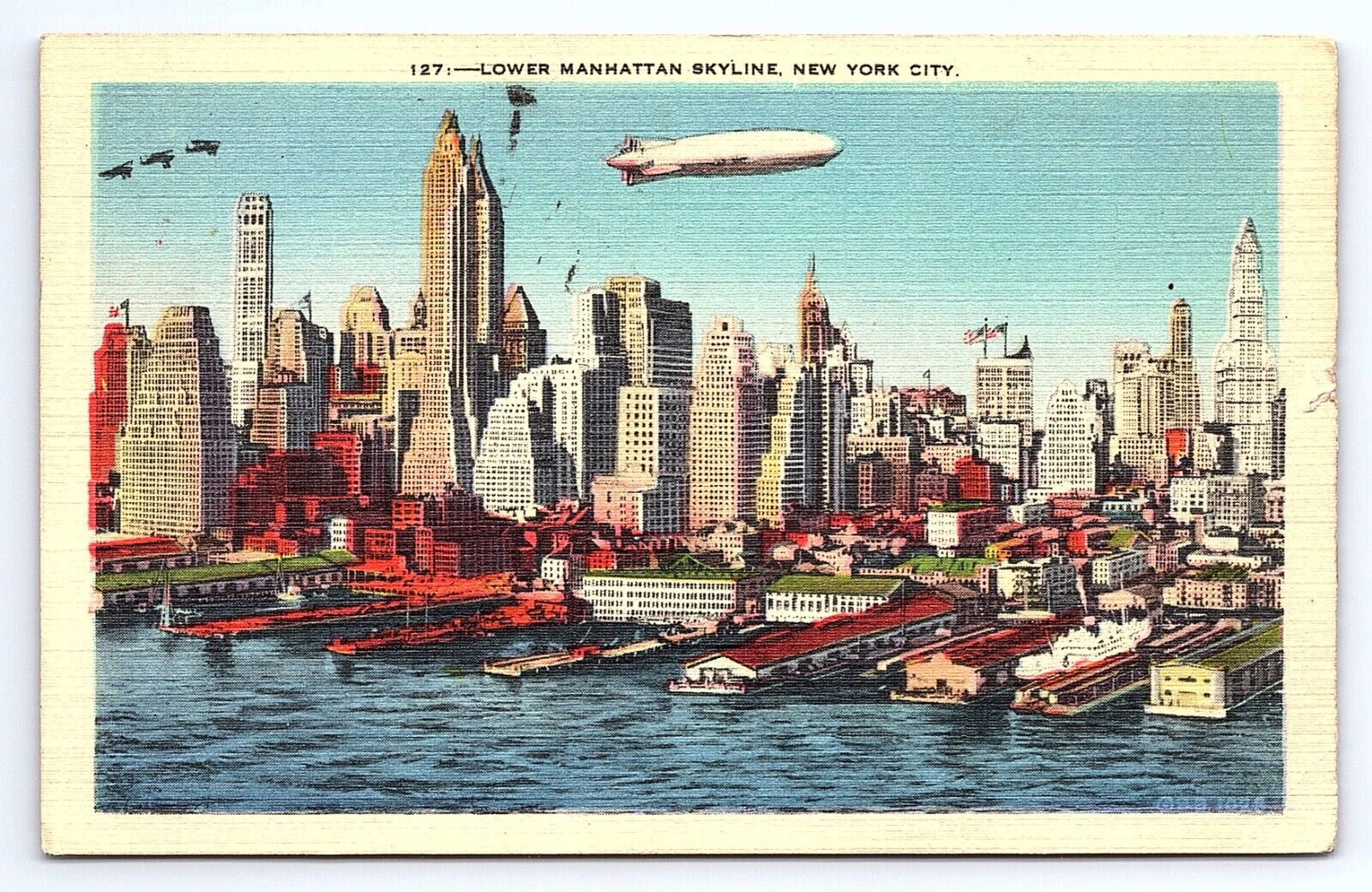 Postcard Lower Manhattan Skyline w/ Dirigible Zeppelin New York City NY
