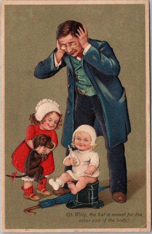 199Greetings Postcard FATHER w/ Two Babies & Dachshund Dog  PFB Embossed  #7662