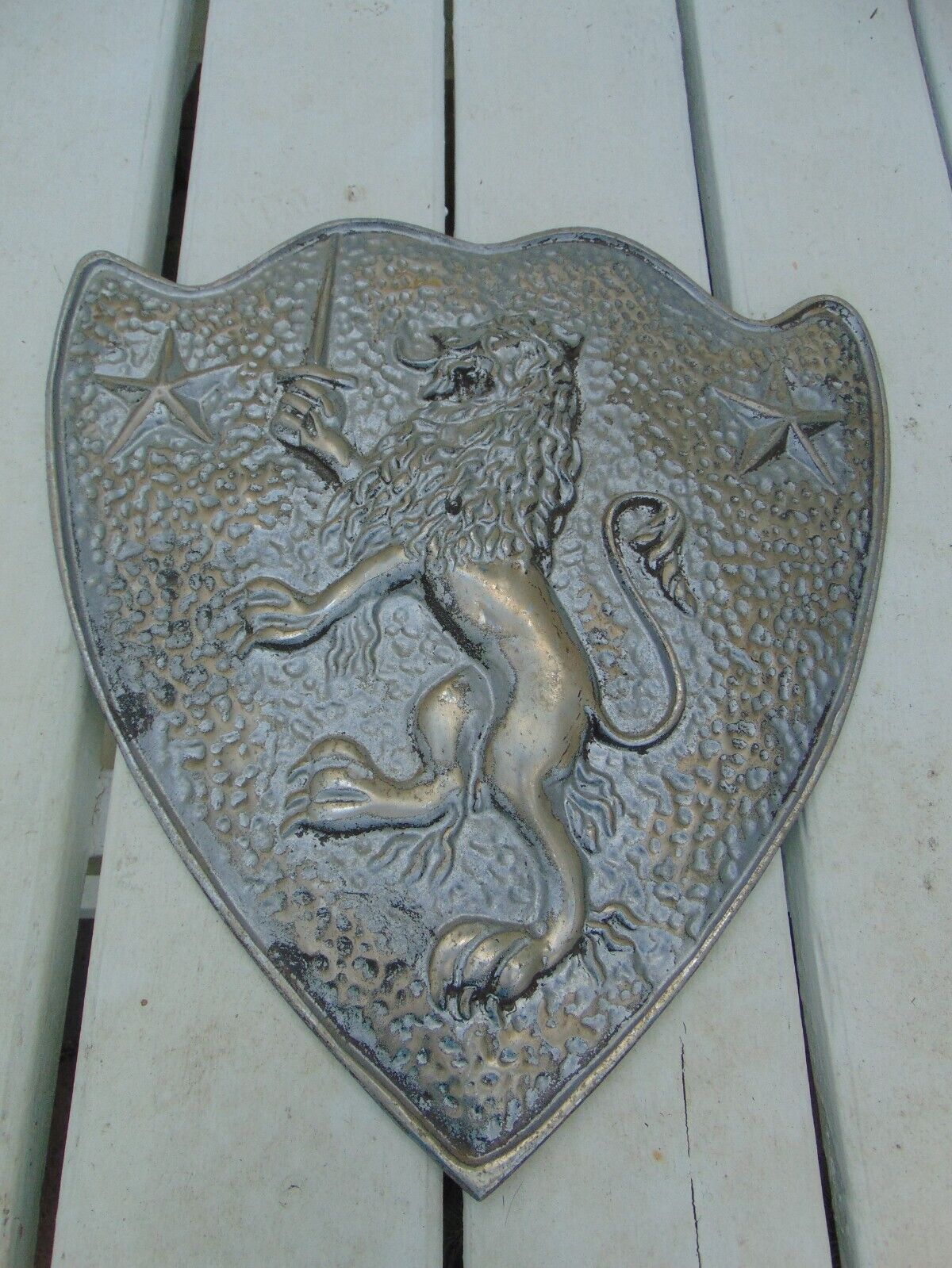 VTG Pewter Armor Shield Signed NOSE JAPAN Embossed Decorative Lion Sword 18-1/4\