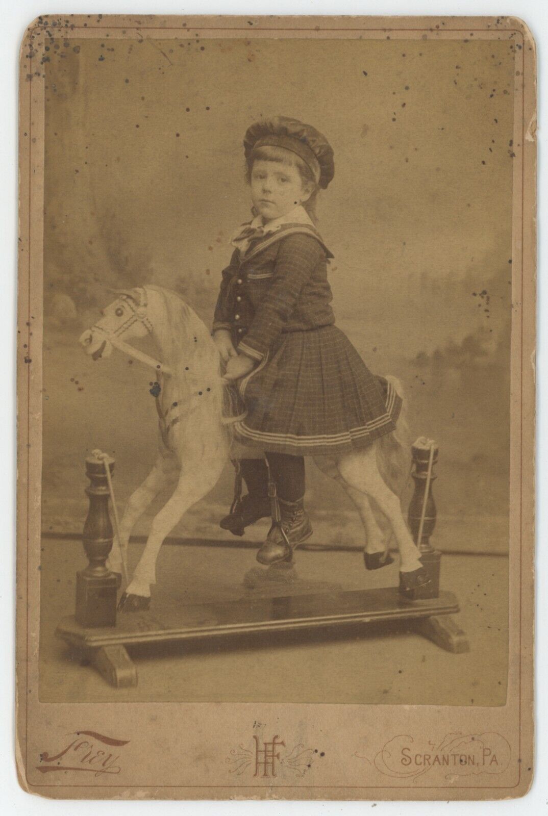Antique c1880s Rare ID\'d Cabinet Card Adorable Child on Toy Horse Scranton, PA