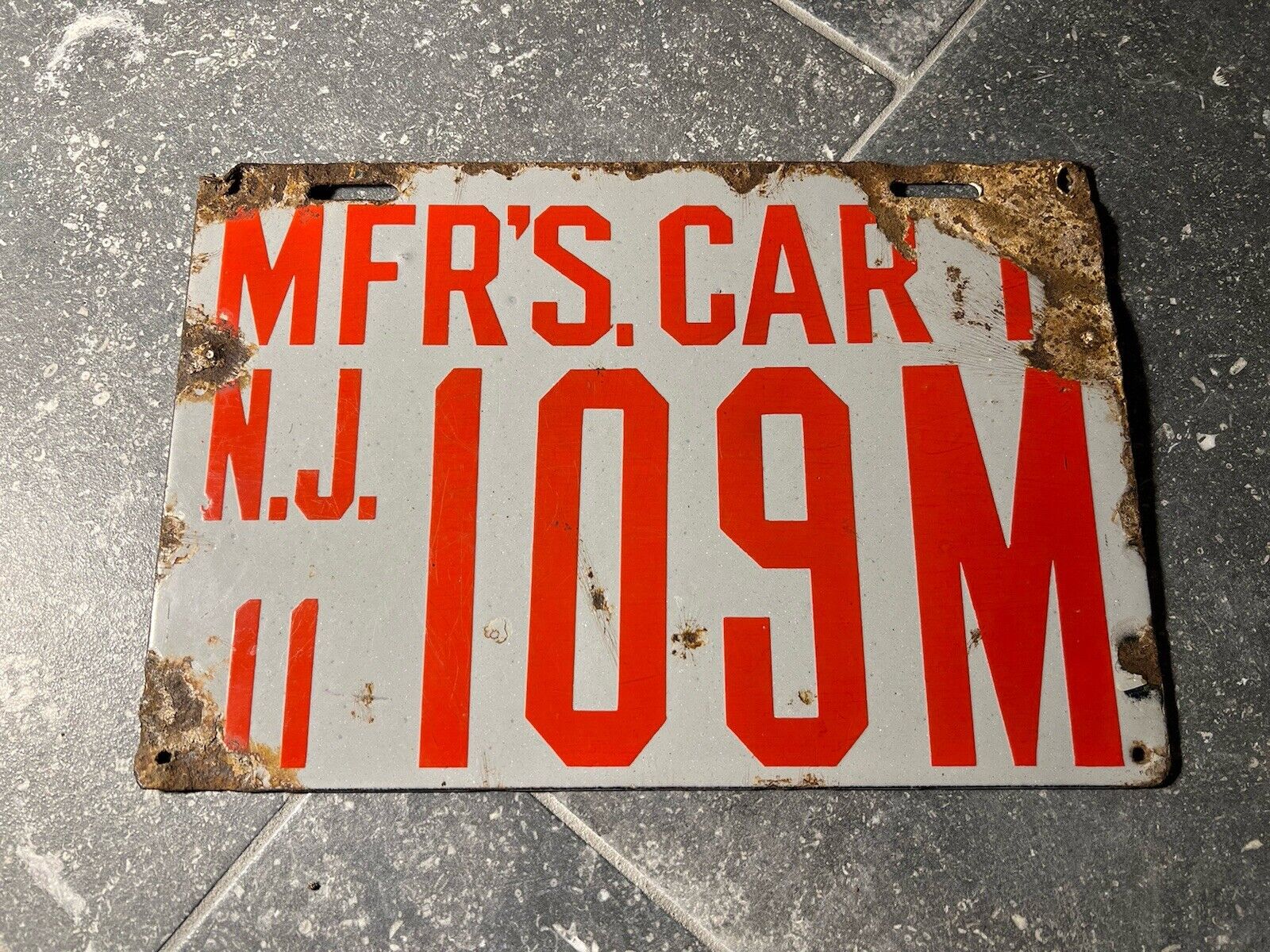 Rare 1911 NEW JERSEY NJ PORCELAIN MANUFACTURERS DEALER Car #1 LICENSE PLATE 109M