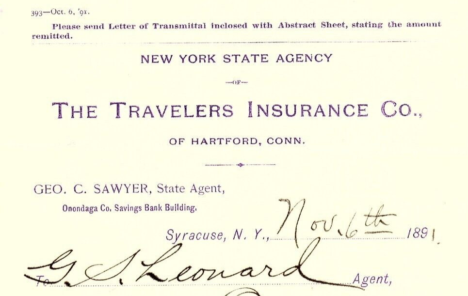 1891 SYRACUSE NY THE TRAVELERS INSURANCE CO HARTFORD CT BILLHEAD INVOICE Z4065