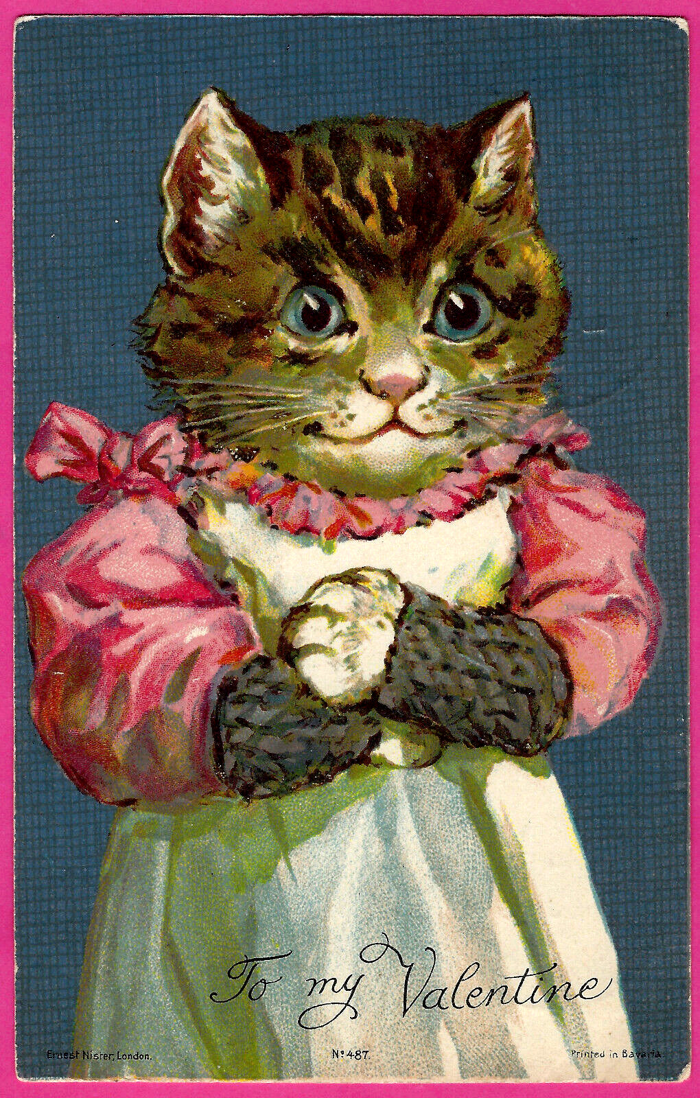 Vtg Nister Dressed Tabby Cat Pink w/Pinafore GH Thompson Valentine PC UDB c1900s