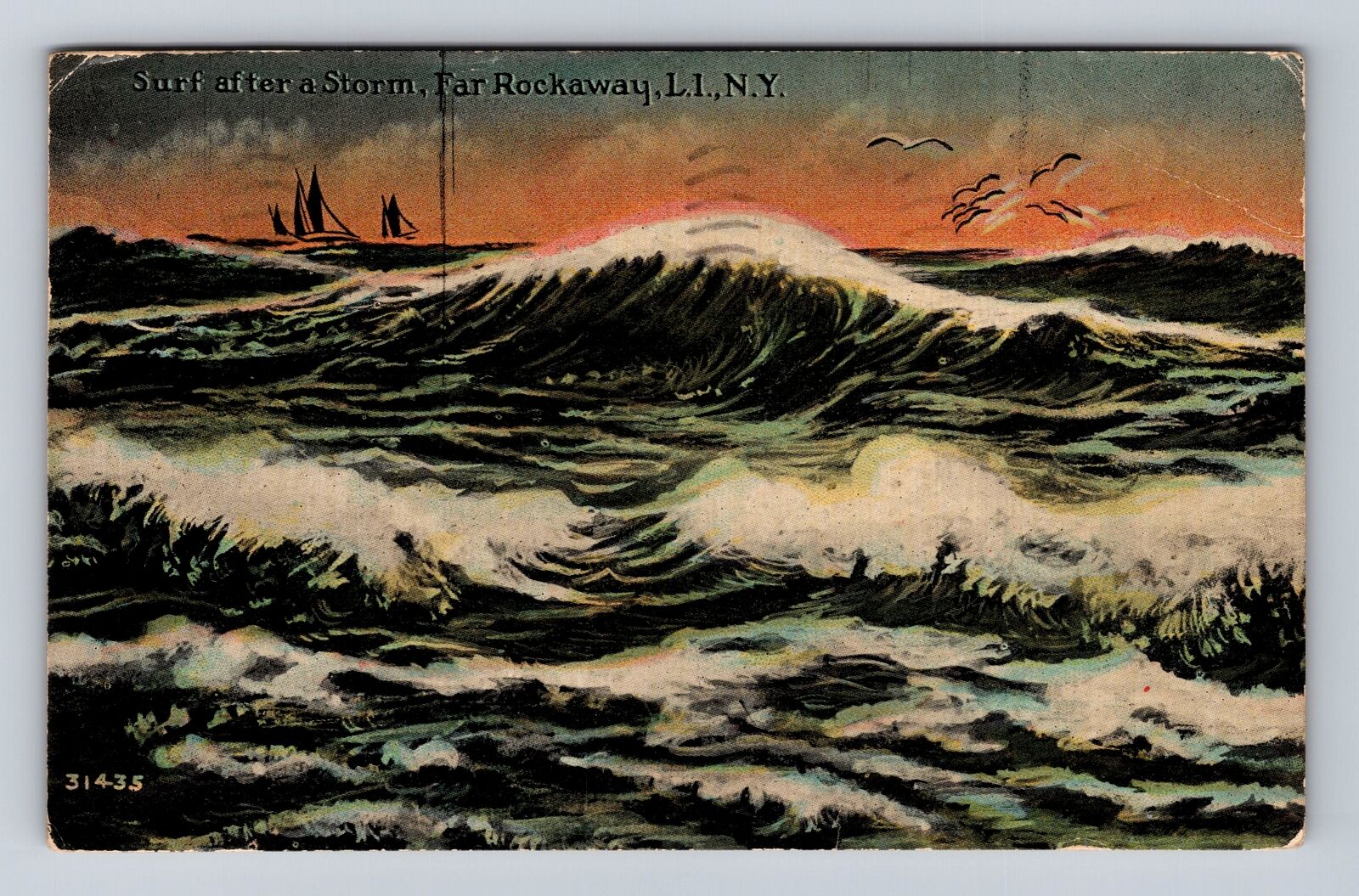 Long Island NY-New York, Surf After Storm, Far Rockaway, Vintage c1932 Postcard