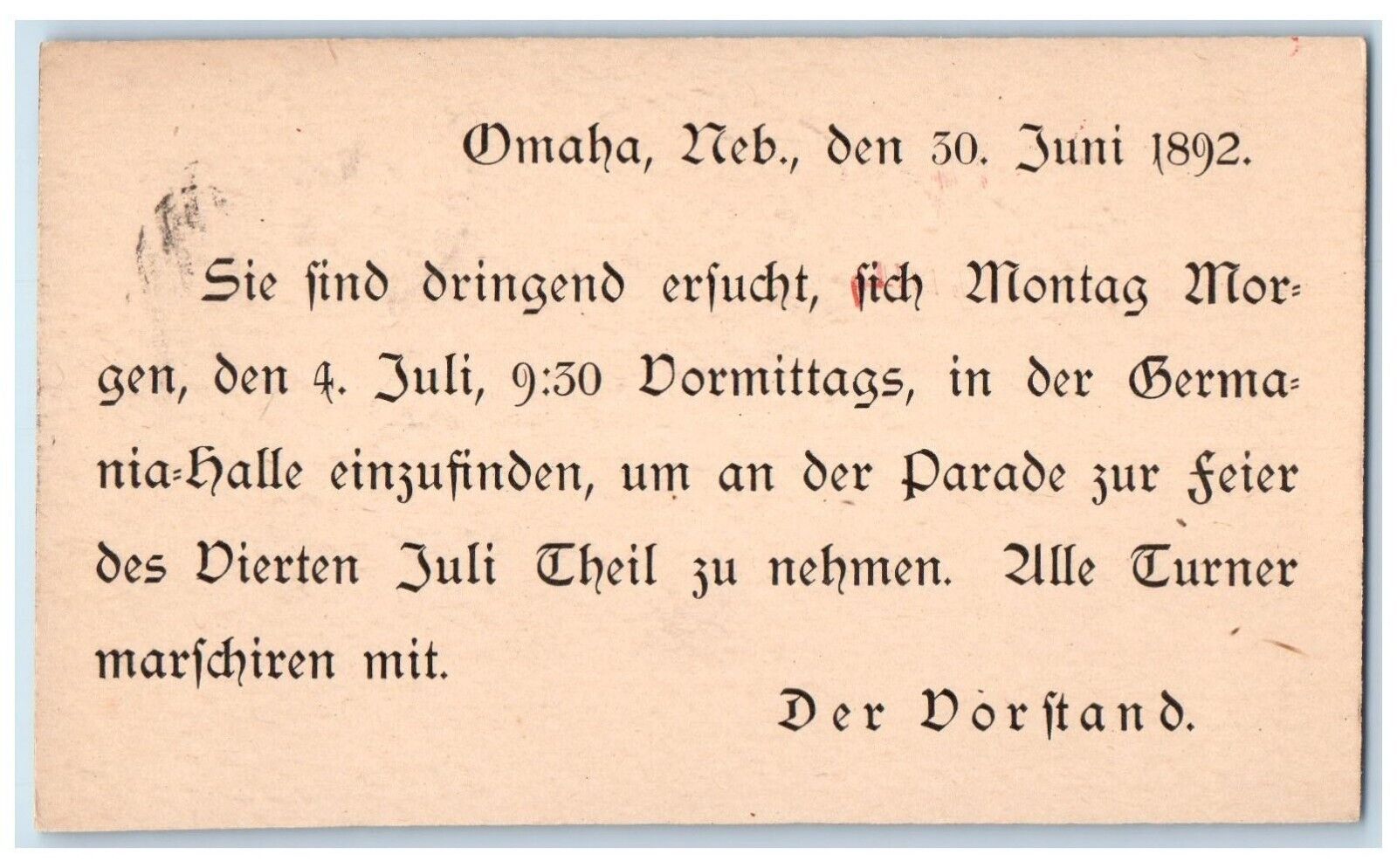 1892 Germania Hall 4th July Parade Omaha Nebraska NE Antique Postal Card