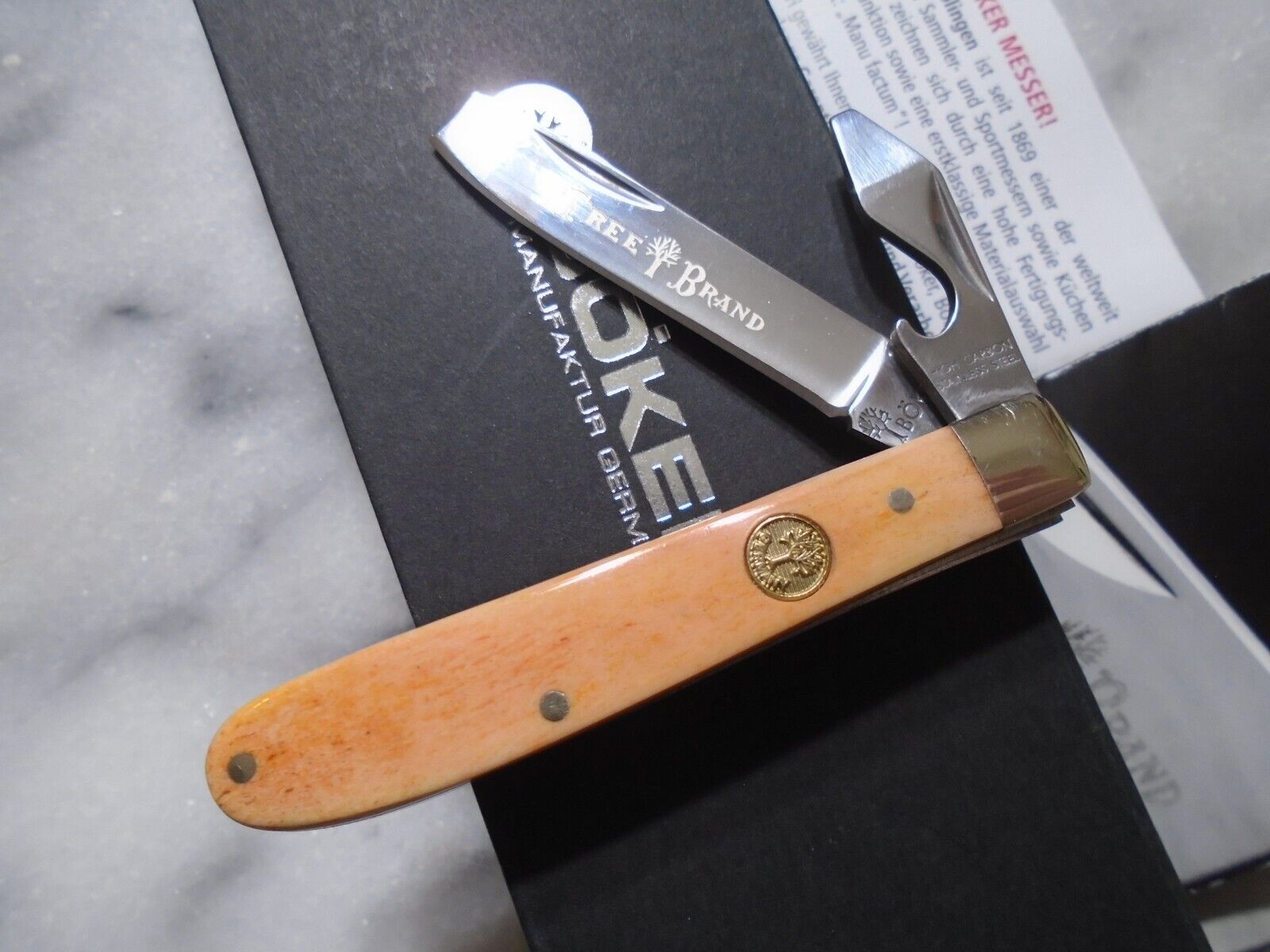 Boker Tree Brand Germany Razor Jack Pocket Knife Peach Bone 110715 Cap Lifter