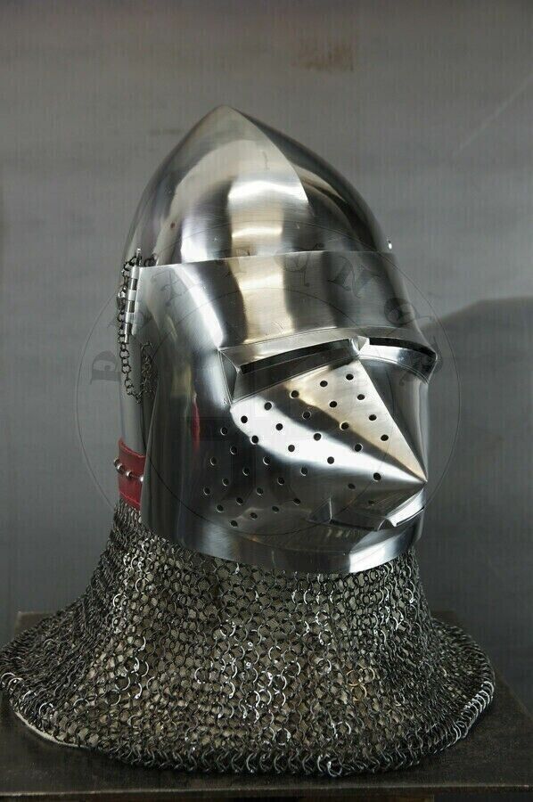 Custom SCA HNB Steel Medieval Pig Face Bascinet Helmet w Aventail