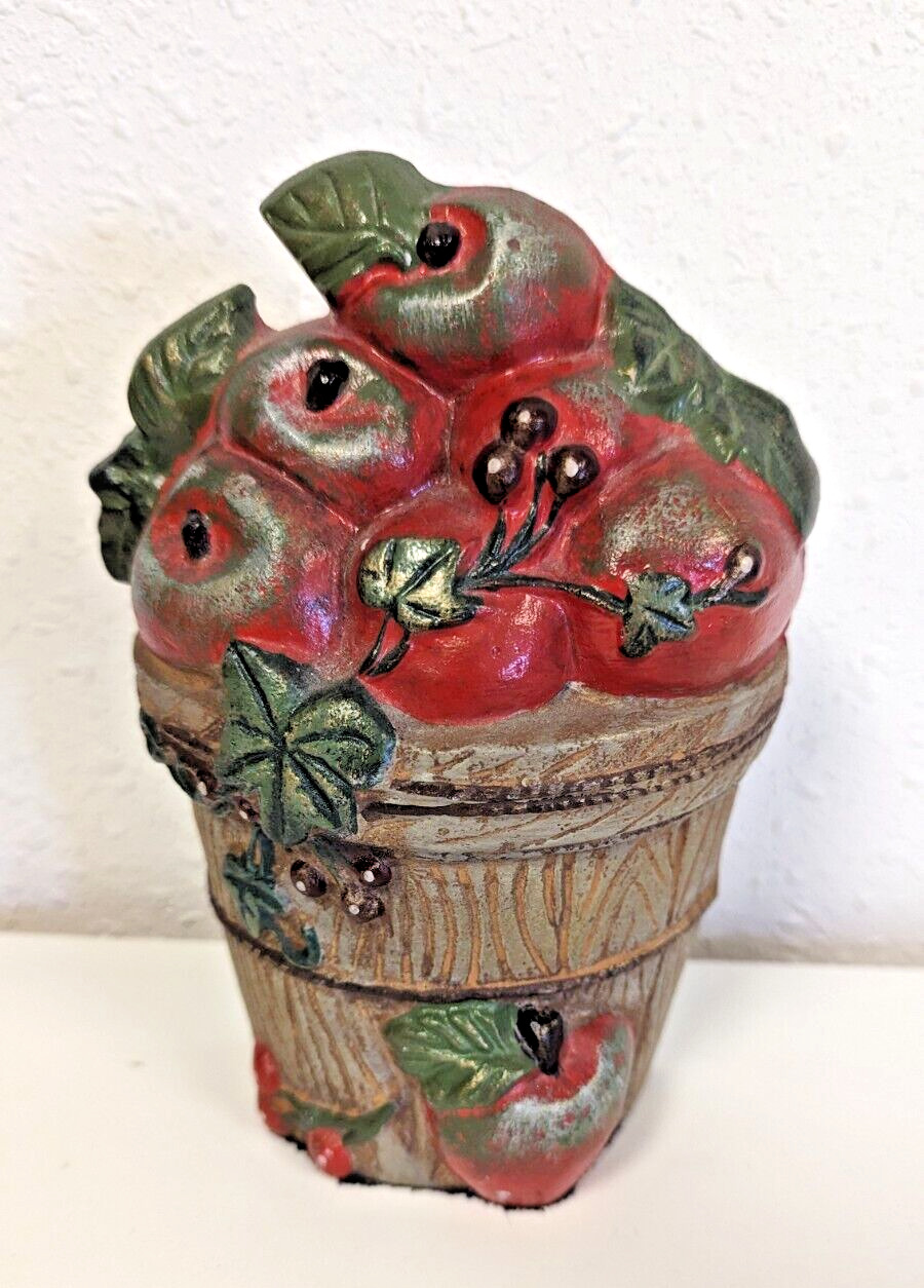 Vintage Cast Iron Doorstop Basket of Apples Painted Heavy 6.5in cottage core
