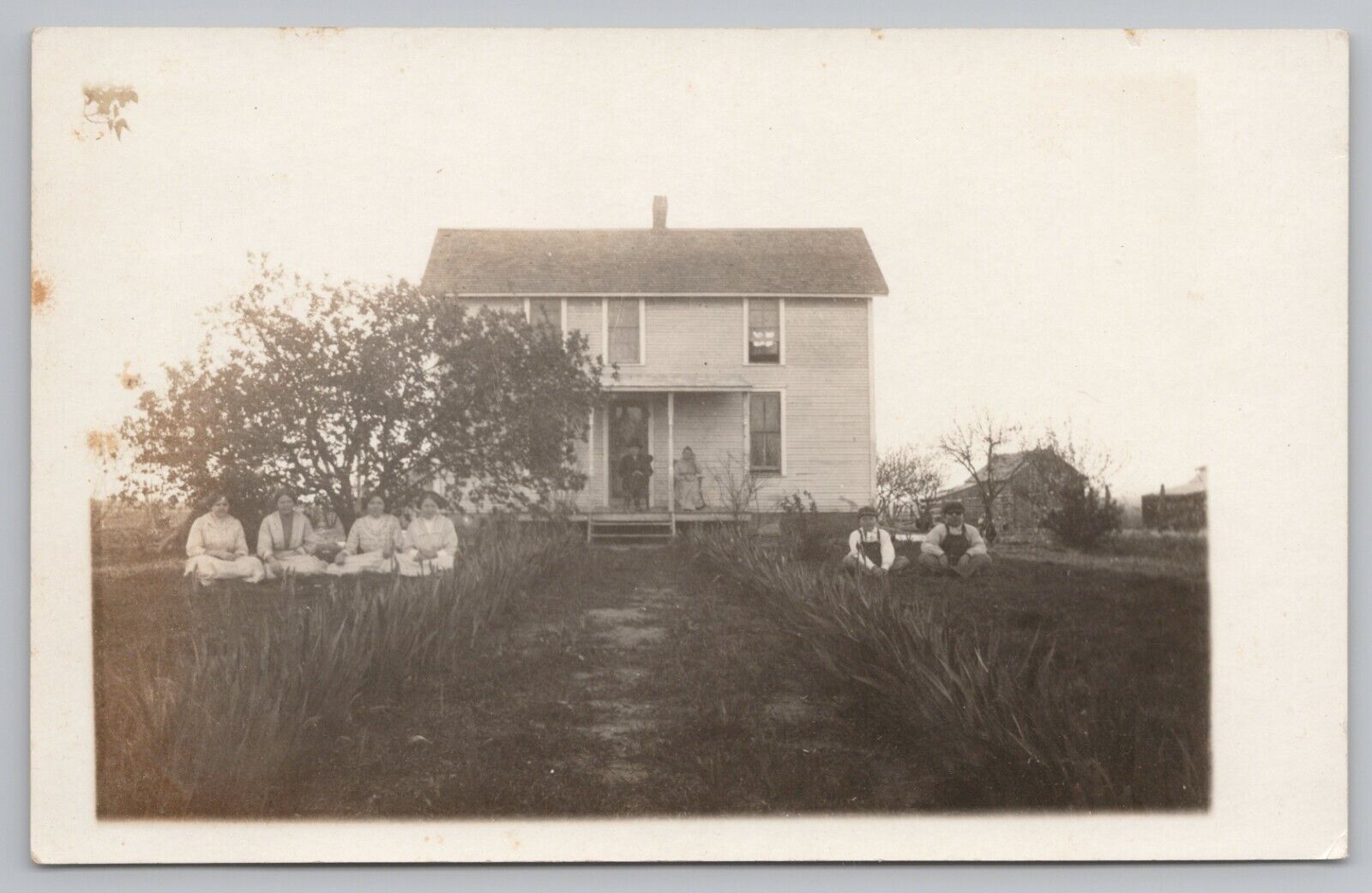 RPPC Farm House People Sitting in Yard and on Porch c1920  Real Photo Postcard