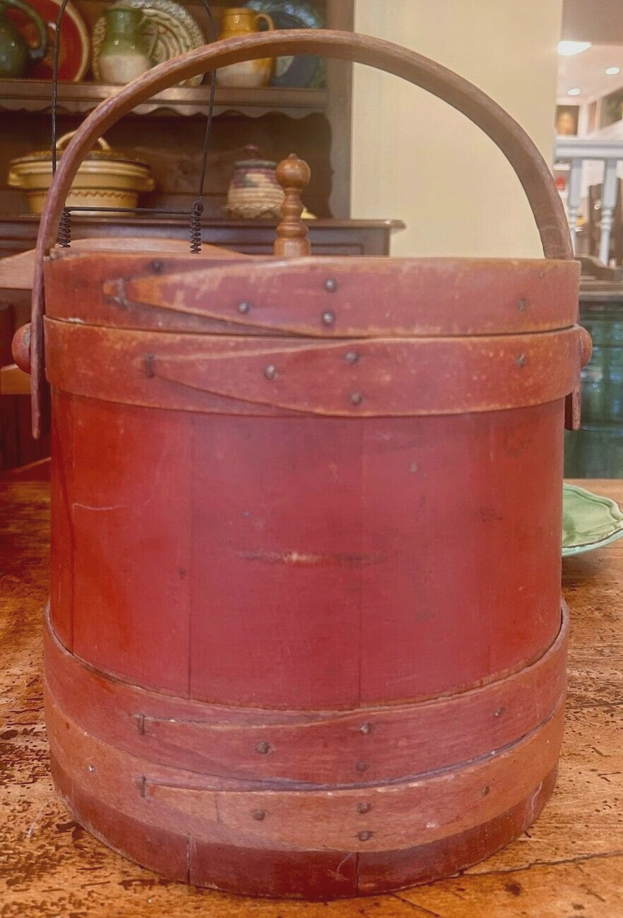 ANTIQUE NAIVE PRIMITIVE RED PAINT FIRKIN SUGAR BUCKET WOODEN PANTRY HAS NAME