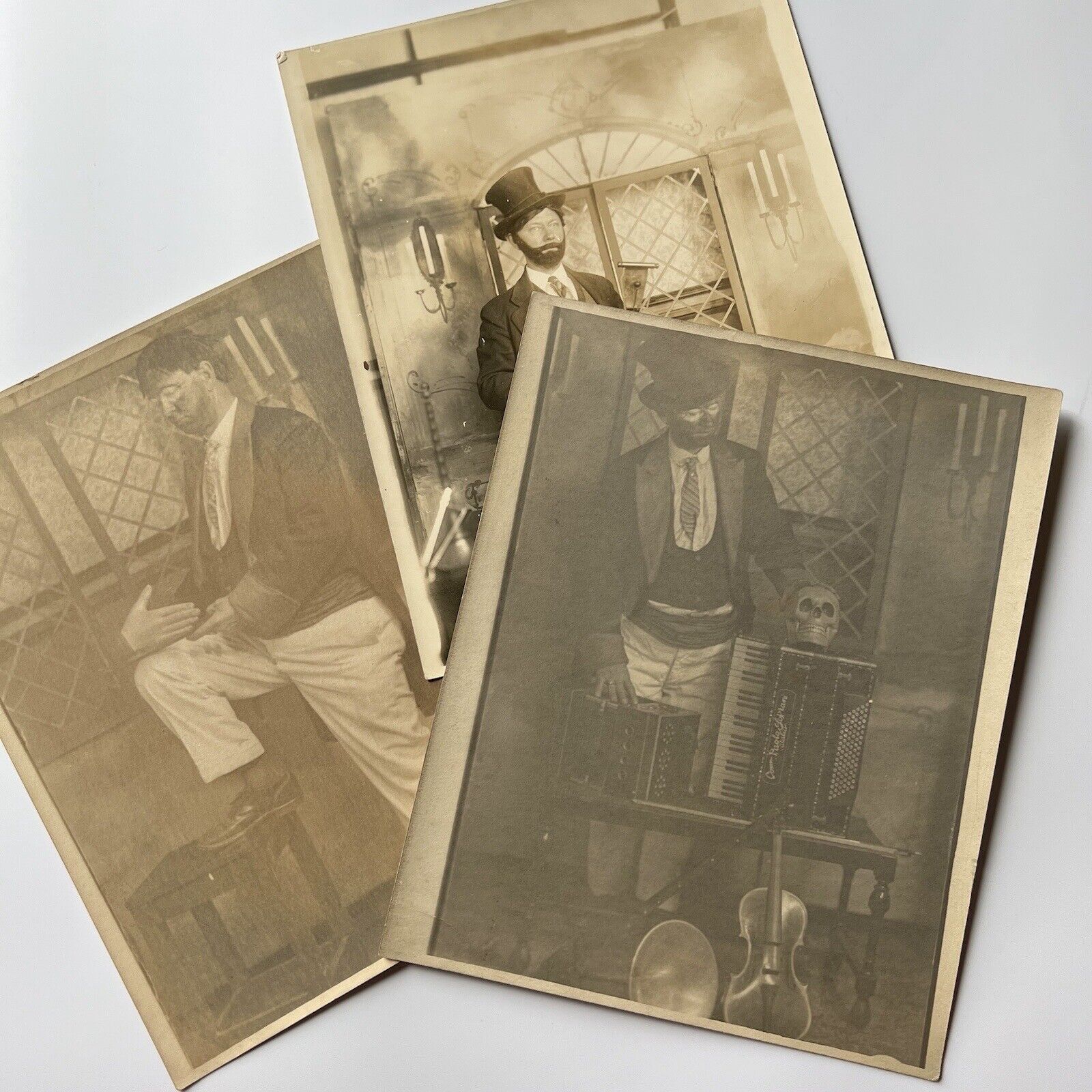 Antique/Vintage Sepia B&W Photograph Magician Man Skull Magic Tricks Odd Spooky