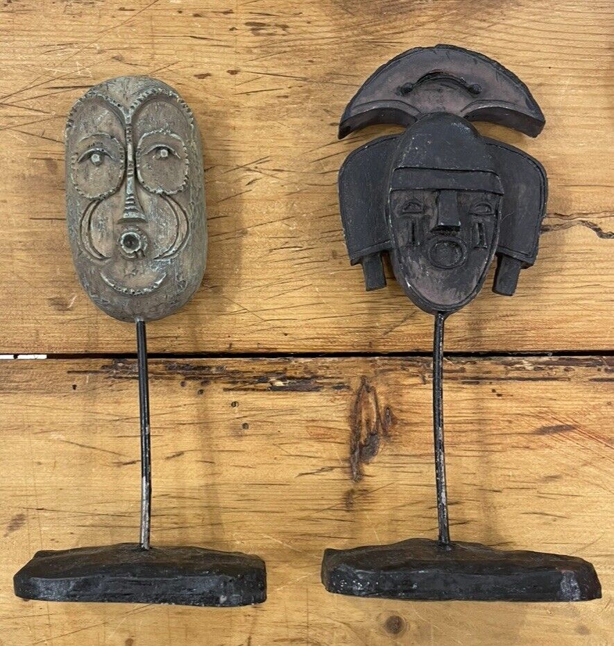 Set Of 2 Small African Tribal Mask Sculptures on Stand Figure Statue Figurine 5”