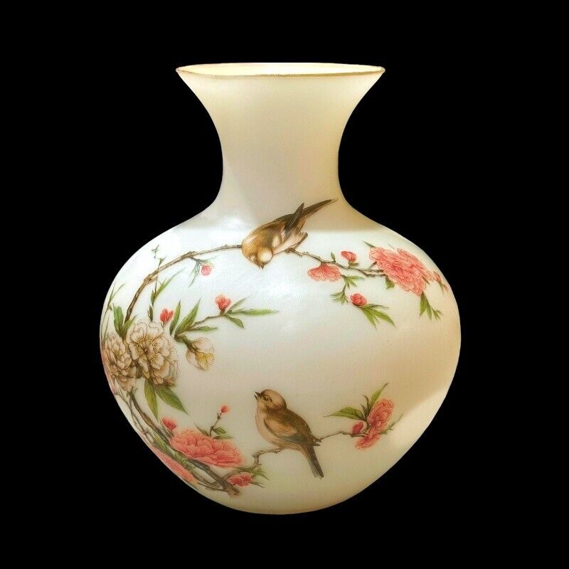 Vintage Ardalt Bird Vase MADE in ITALY Satin Frosted Hand-painted Florals 9.75\