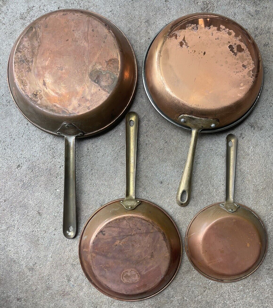 Vintage Copper Pans Skillets Brass Handles Marked Portugal R. 104 Lot of 4
